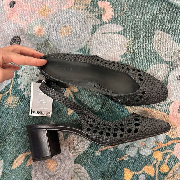 H&M Leather Slingback Pumps Sandals Black NWT Sz 11 Woven Braided Low Heels toe - Picture 3 of 16